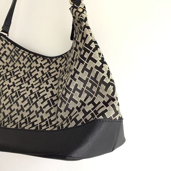 Tommy Hilfiger Monogram Canvas Shoulder Bag Hobo Handbag Purse Black Tan Logo - Picture 3 of 12